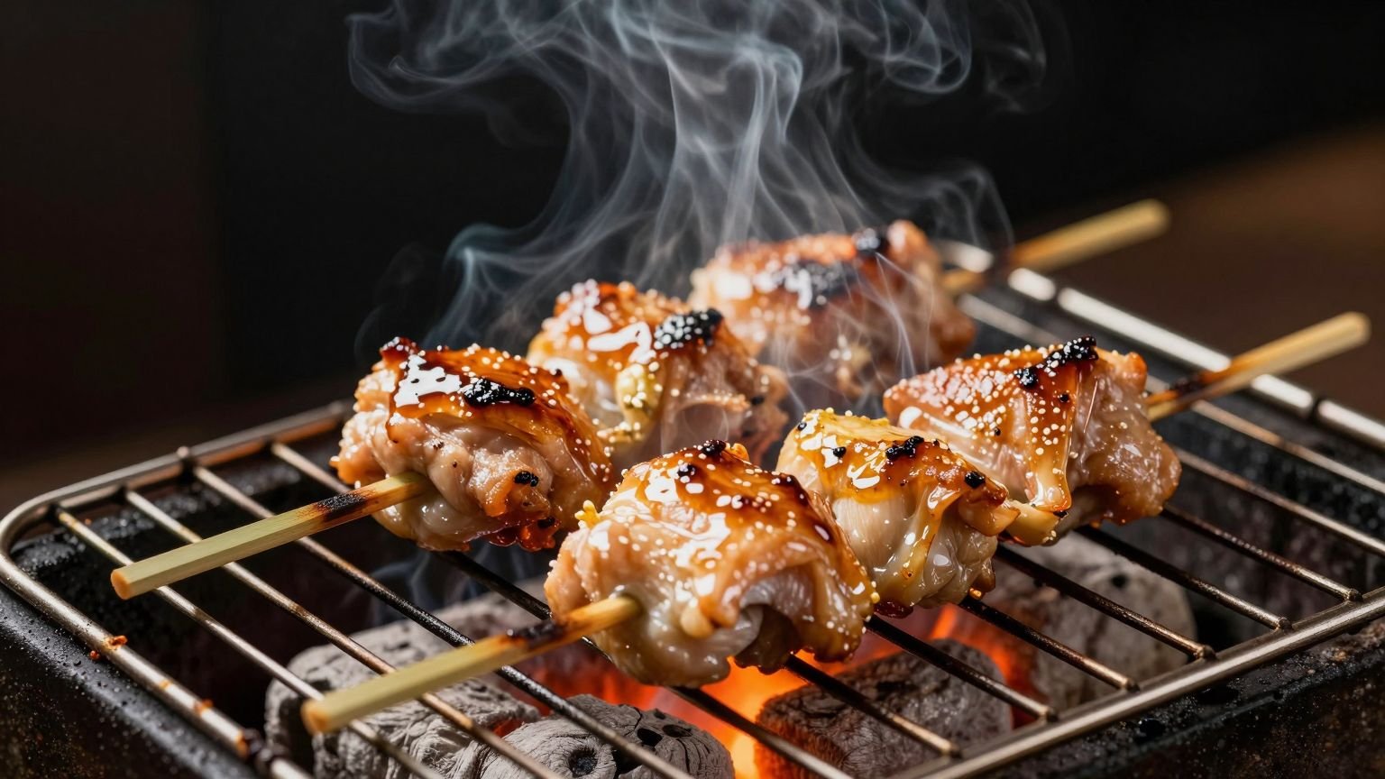 Yakitori skewers over glowing charcoal